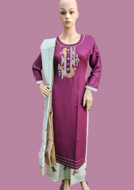 Embroidery Kurta with Palazzo and Dupatta-2003