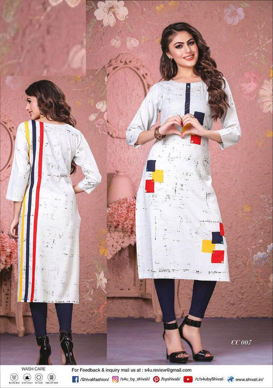 White with Black Piping Straight Kurti