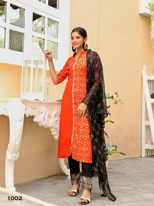 Rayon Kurti and Plazzo with Chiffon Dupatta - 1002