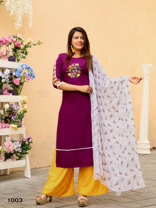 Purple Rayon Kurti and Plazzo with Chiffon Dupatta