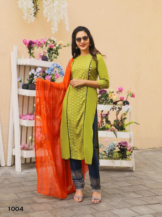 Rayon Kurti and Plazzo with Chiffon Dupatta - 1004