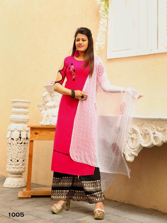 Pink Rayon Kurti and Plazzo with Chiffon Dupatta