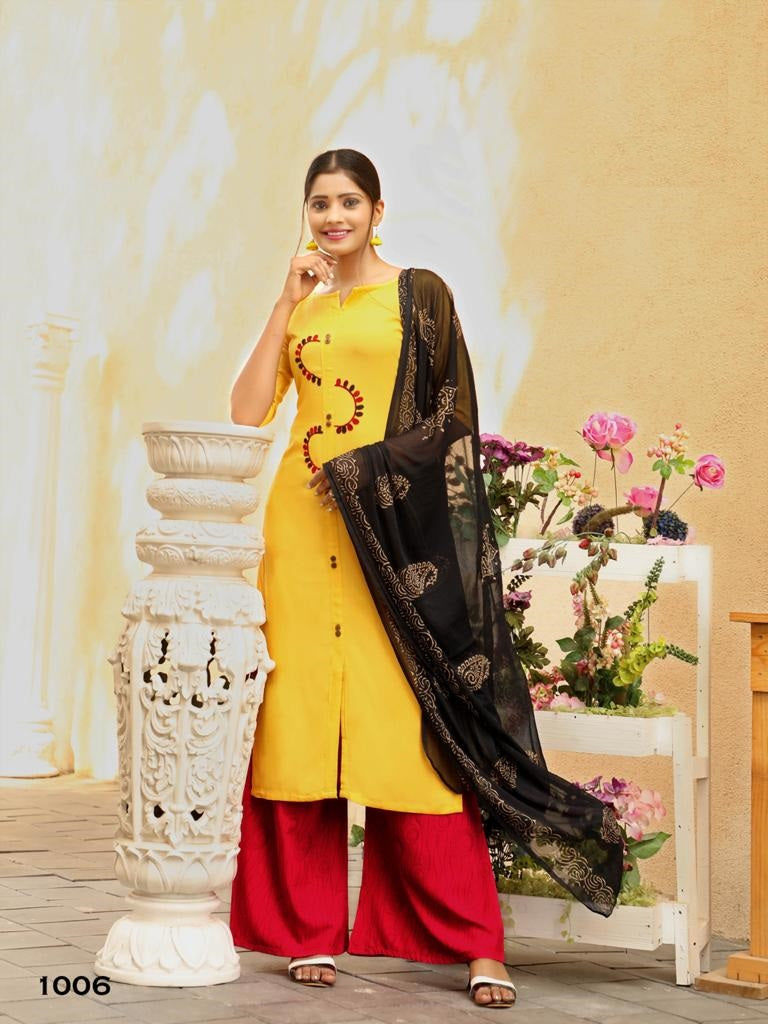 Yellow Rayon Kurti and Plazzo with Chiffon Dupatta