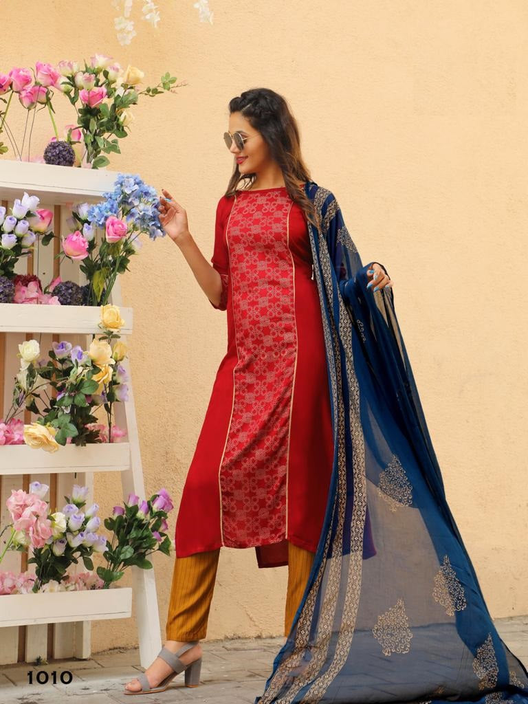 Red Rayon Kurti and Plazzo with Chiffon Dupatta