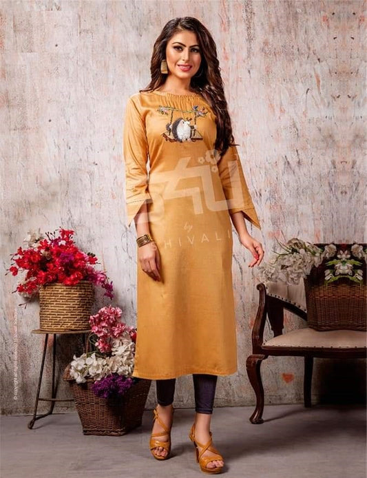 Mustard Yellow Handwork Straight Kurti with Fancy Sleeves