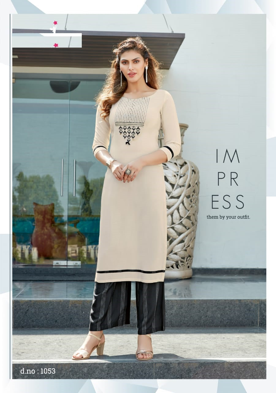 Cream Embroidery work Rayon Kurti with Black Rayon Palazzo