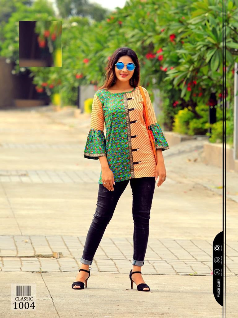 Green and Orange Rayon Printed Top