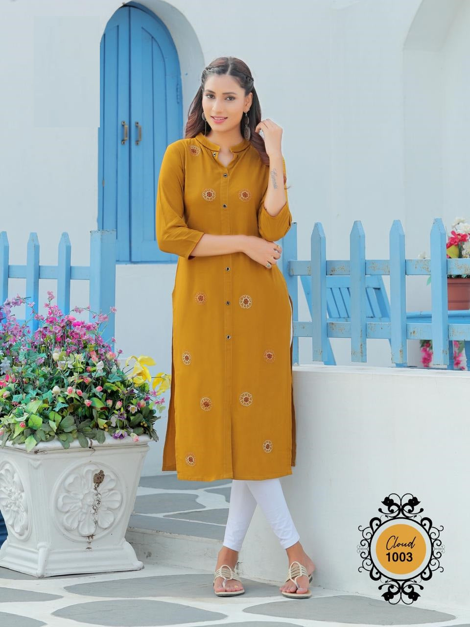 Yellow Straight Embroidered Heavy Rayon Kurti