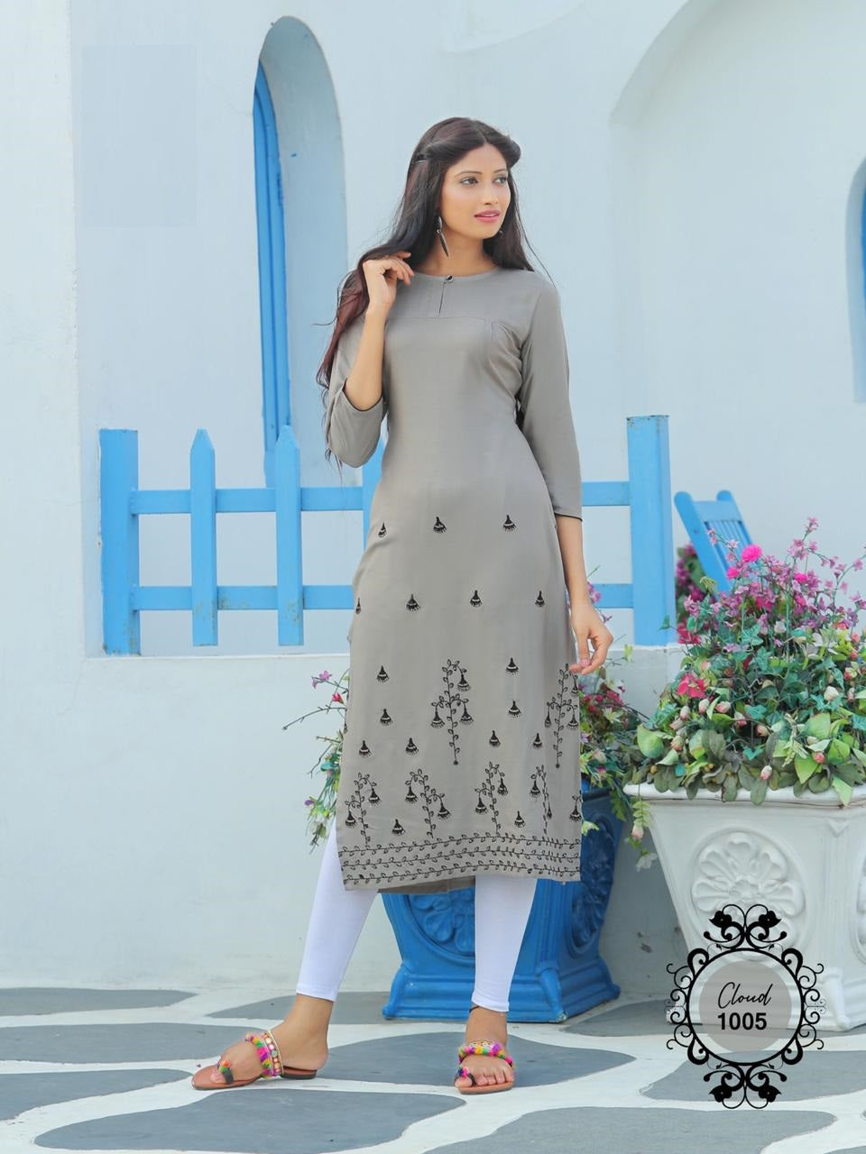 Grey Straight Embroidered Heavy Rayon Kurti