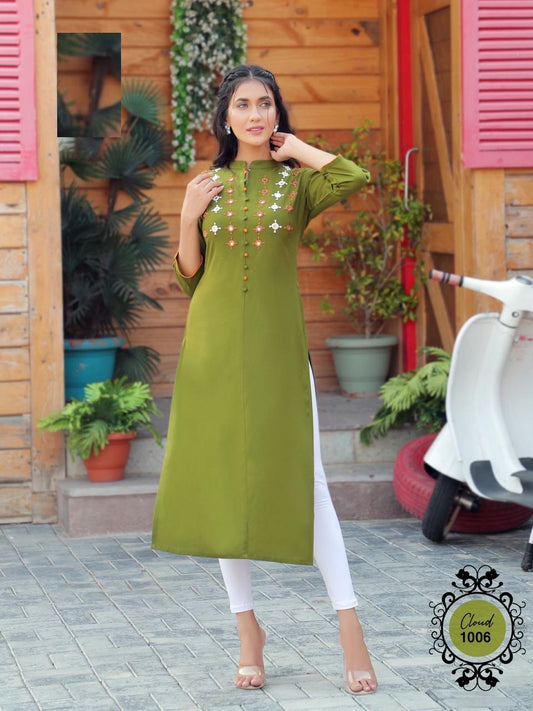 Mehandi Straight Embroidered Heavy Rayon Kurti