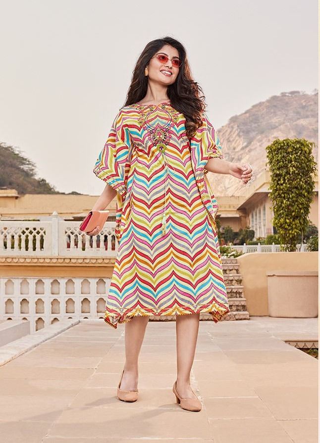 Multicolour Heavy Cotton Embroidered Kaftan Kurti