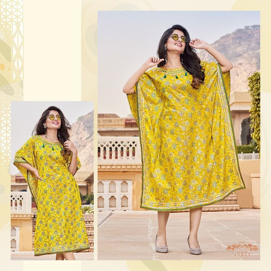 Yellow Heavy Cotton Embroidered Kaftan Kurti