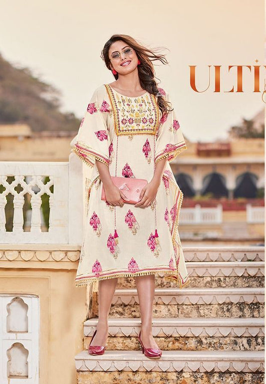 Off White Heavy Cotton Embroidered Kaftan Kurti