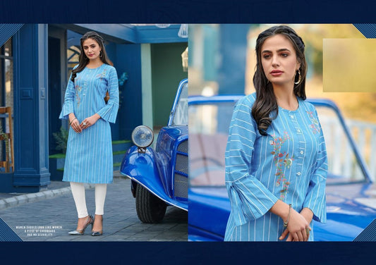 Blue Cotton Kurti with White Strips and Embroidery Work