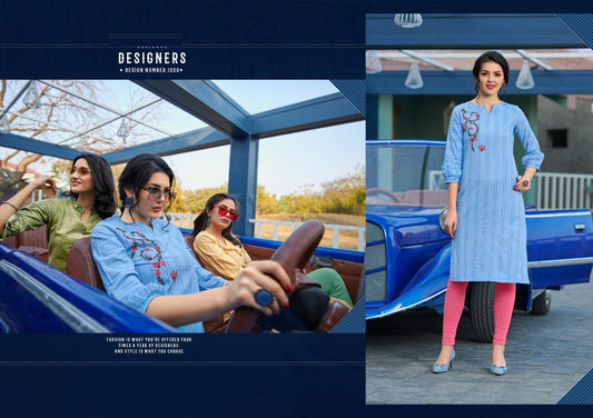 Blue Cotton Kurti with Black Strips and Embroidery Work