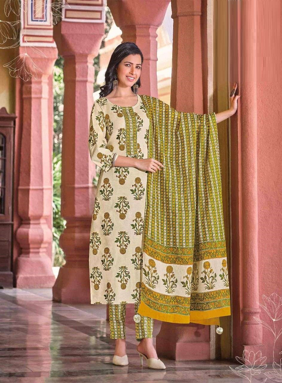 Cream and Multicolor Cotton Traditonal wear Printed and Embrodery Work Kurti, pant and Dupatta sets