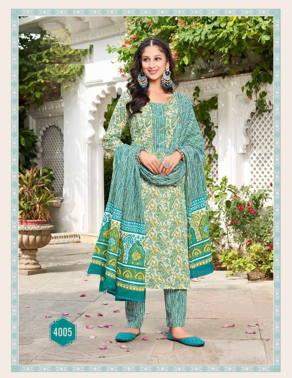 Cotton Printed light Blue and Green Kurti, pant and Dupatta A152