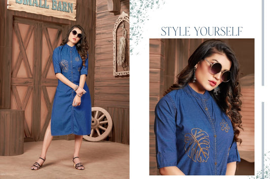 Blue Denim Embroidery Work Kurti