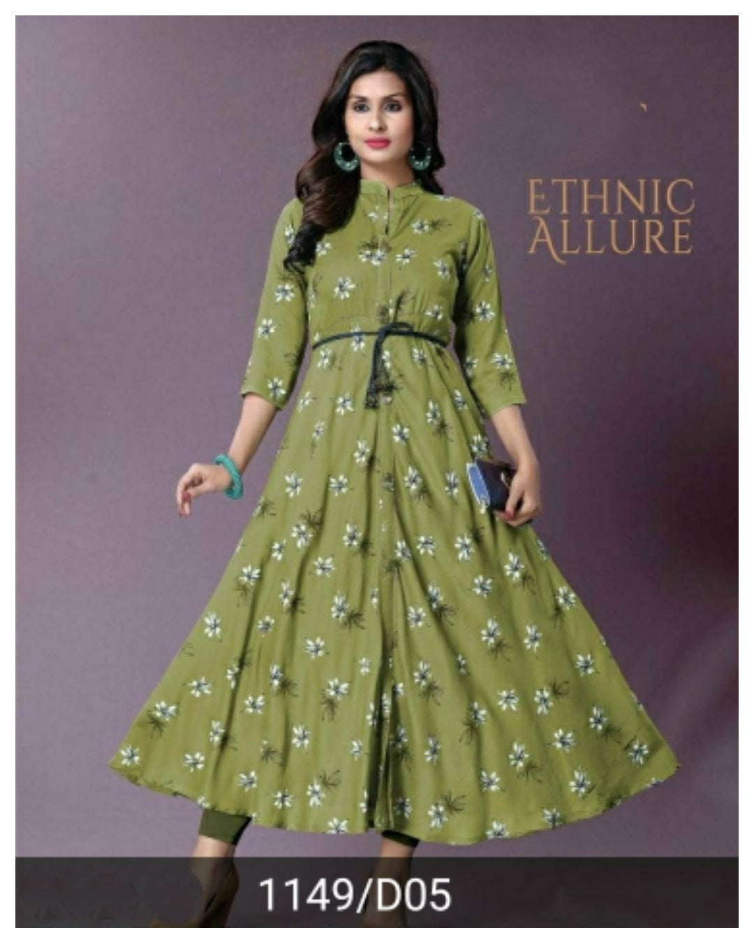 Green Rayon Printed Flread Gown