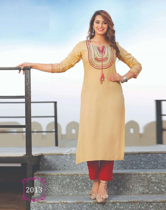 Yellow Heavy Rayon Embroidery Work Kurti