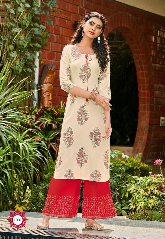 Cream &amp; Red Kurti Palazzo Pair