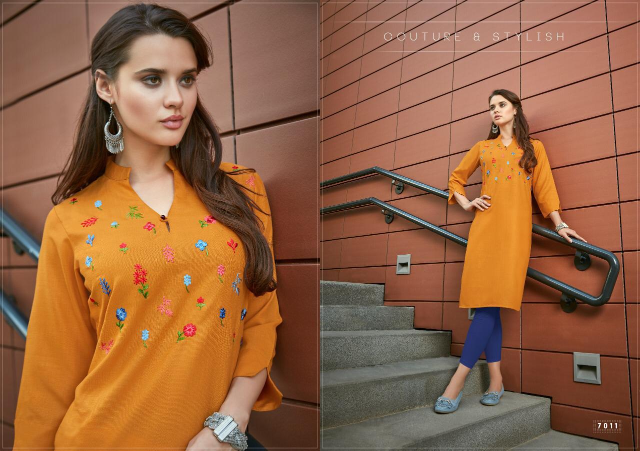 Orange Embroidery Work Cotton Kurti