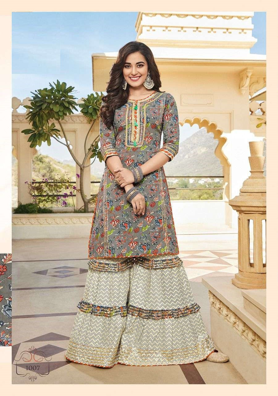 Grey and Multicolor Heavy Cotton With Golden work Lace Beatiful printed Design Kurti with flair Sharara sets