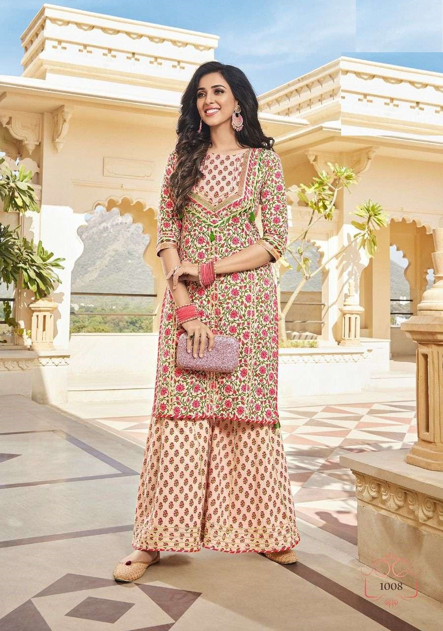 Pink and Multicolor Heavy Cotton With Golden work Lace Beatiful printed Design Kurti with flair Sharara sets