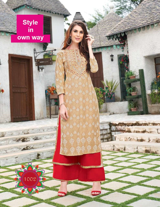 Designer Beige Kurti With Red Double Layered palazzo