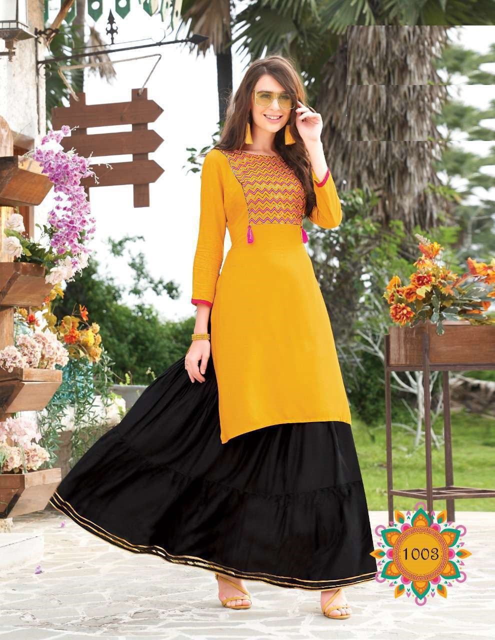 Light Brown Embroidery Kurti with Black Skirt