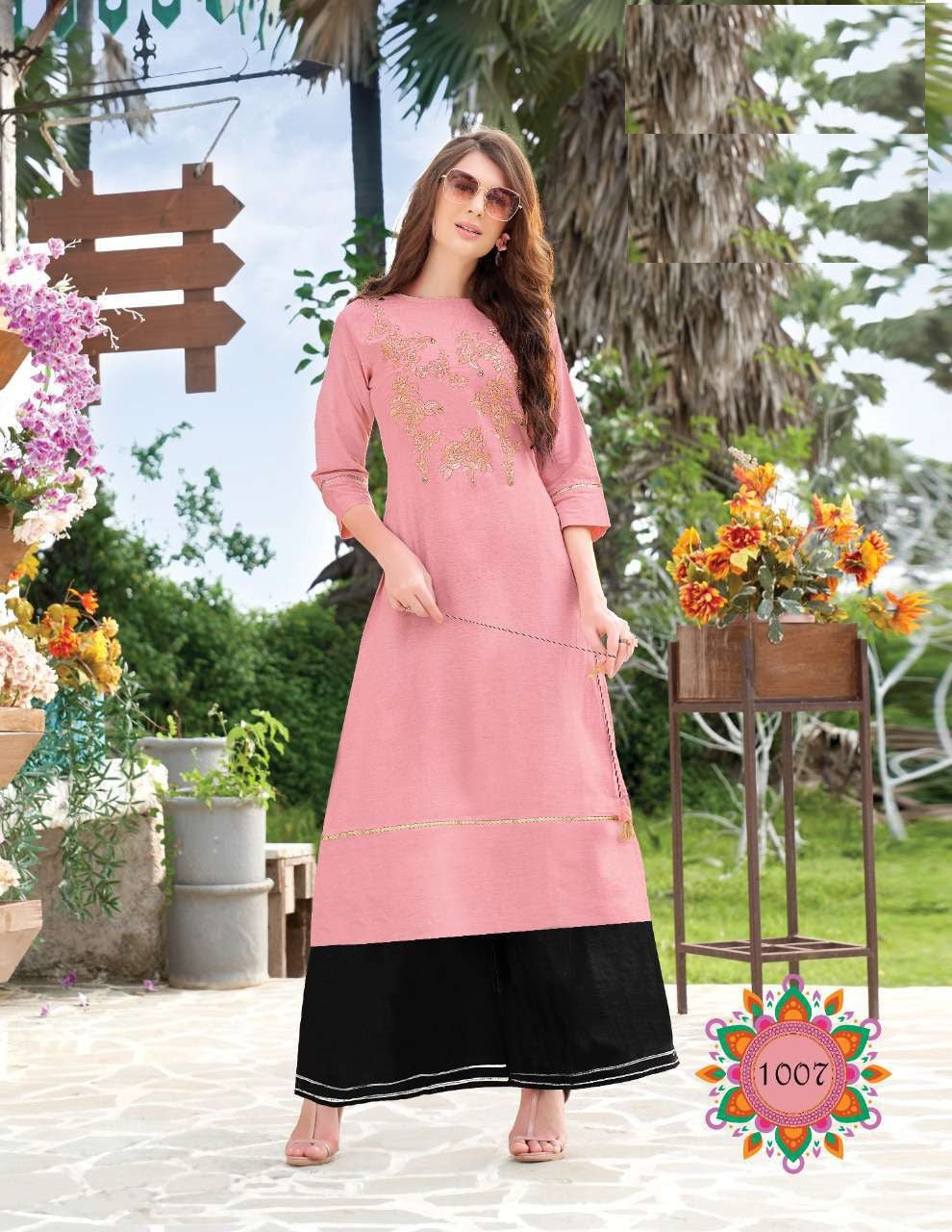 Pink Embroidery Kurti With Black Skirt