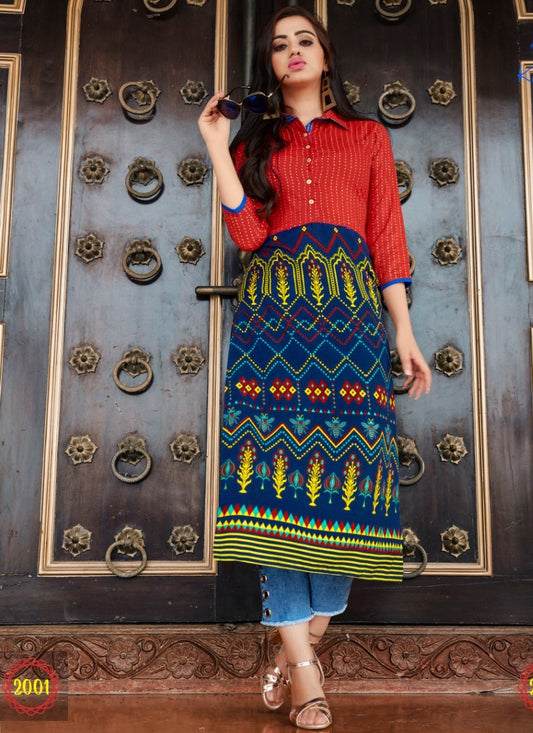 Red and Blue Rayon Printed Kurti