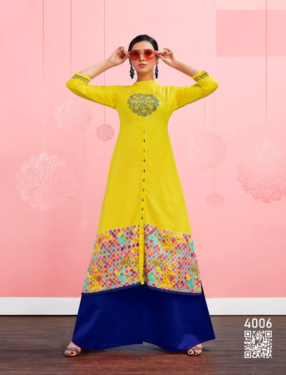 Lemon Yellow Front Cut Printed Kurti