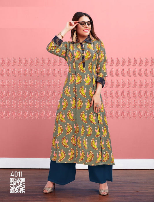 Grey &amp; Yellow Collar Regular Wear Kurti