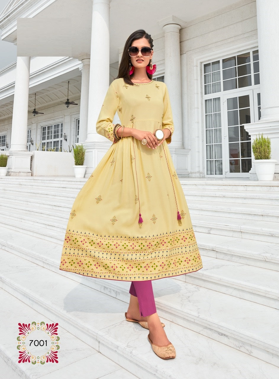 Cream Printed Regular Wear Kurti