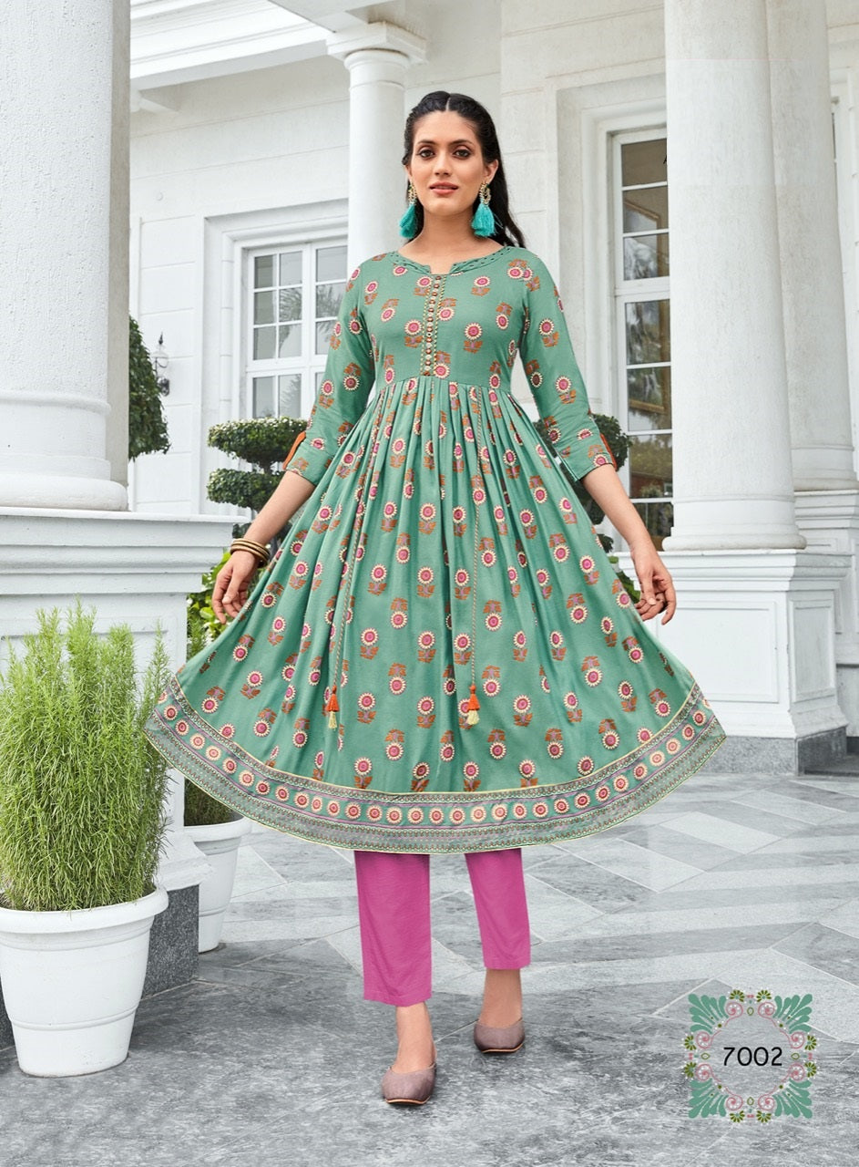 Green Rayon Printed and Embroidery Hanwork Work Regular Wear Flair Kurti