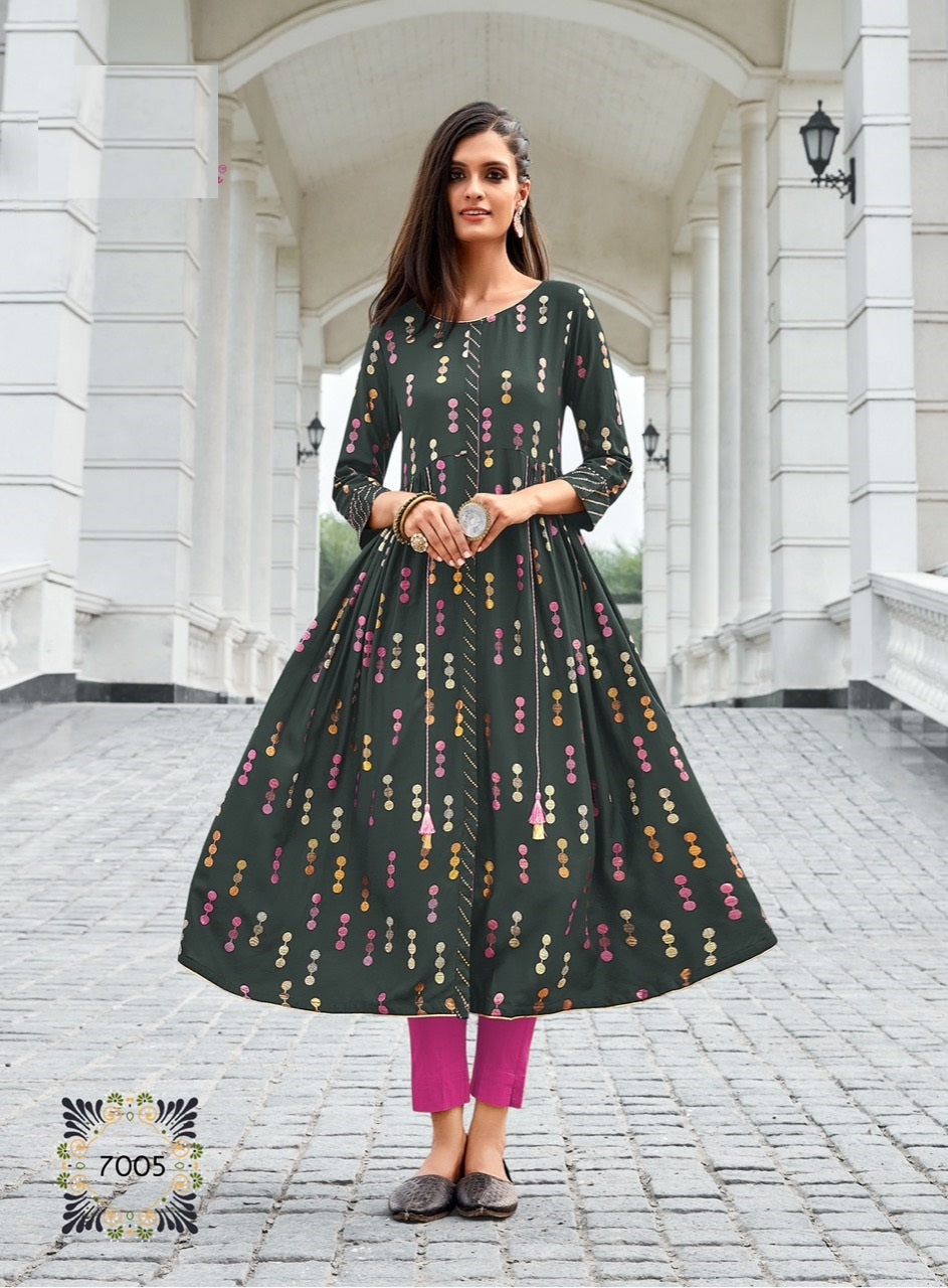 Dark Grey Rayon Gold Printed Regular Wear Flair Kurti