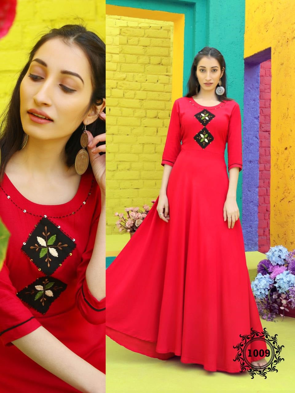 Red Rayon Plain Kurti with Embroidery work