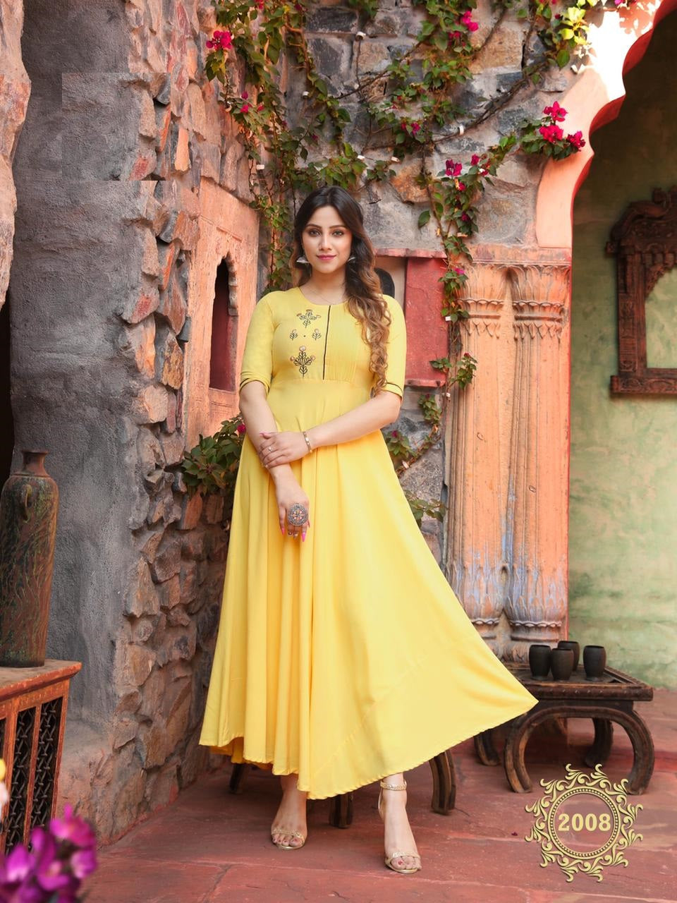 Yellow Rayon Kurti with Embroidery work