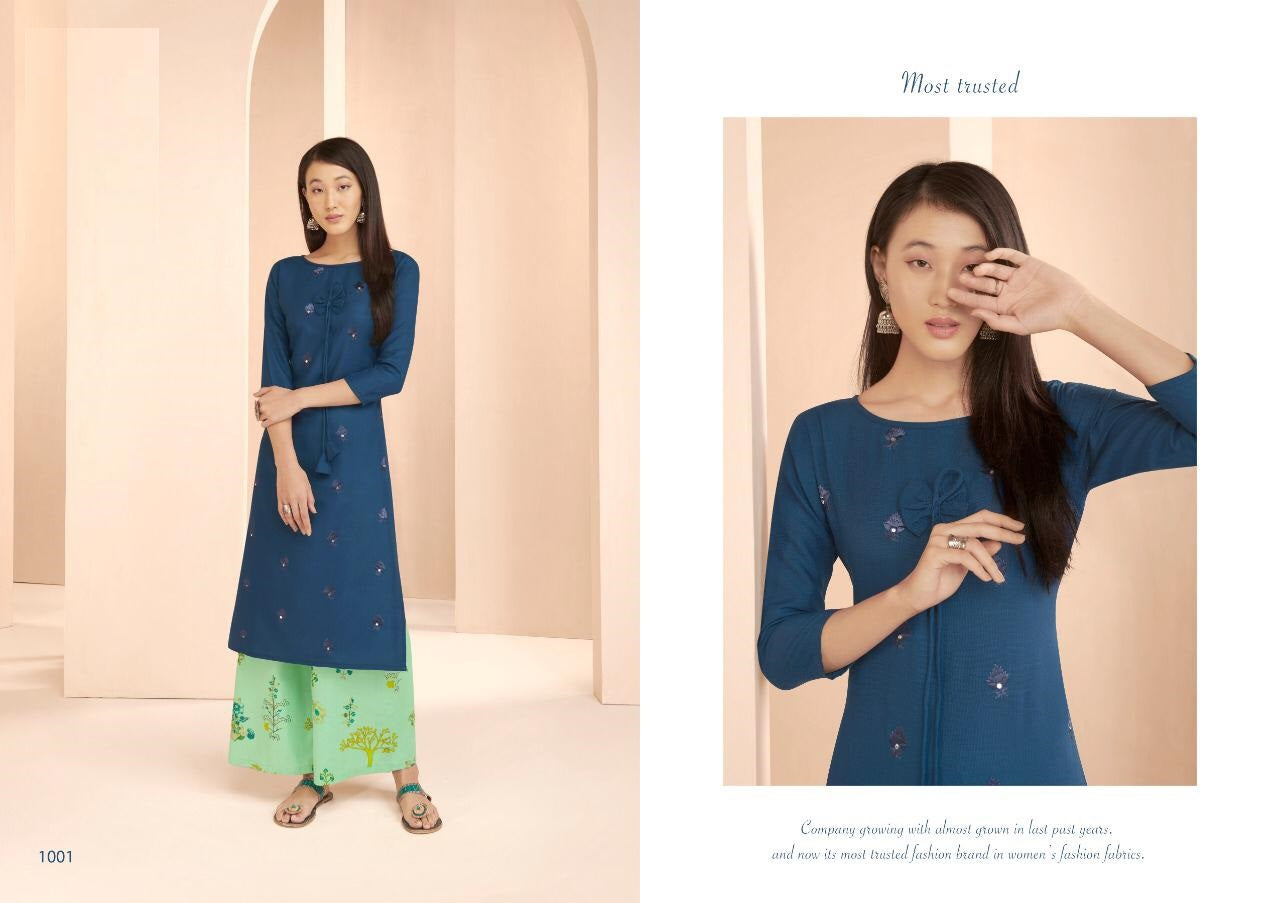 Blue Cotton Slub Embroidery and Mirror work Kurti with Flex Cotton Pista Printed Palazzo