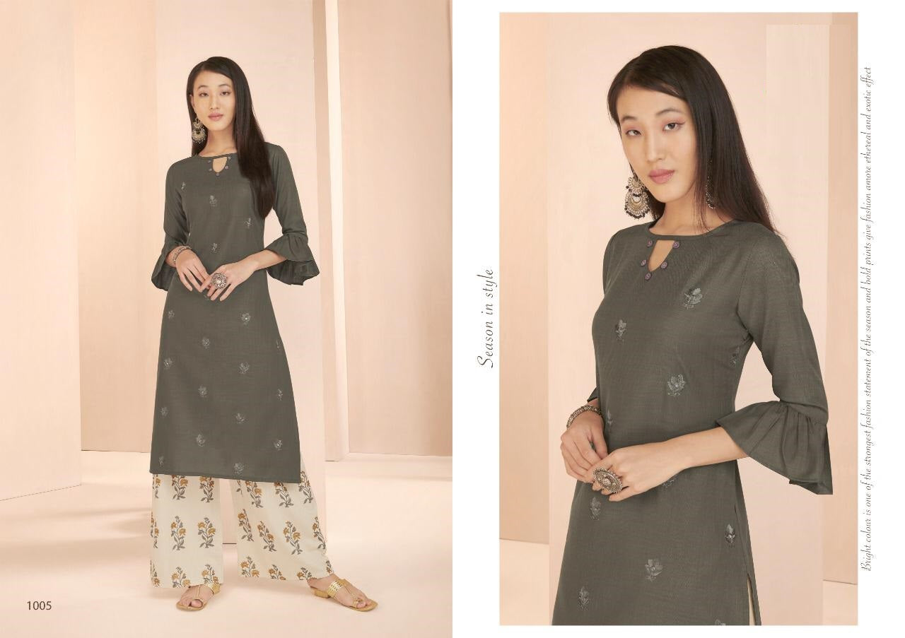 Grey Cotton Slub Embroidery and Mirror work Kurti with Flex Cotton Cream Printed Palazzo