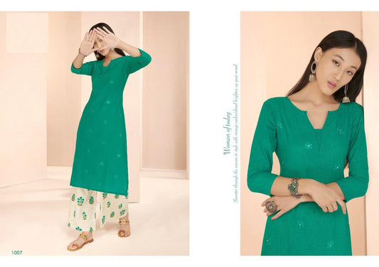 Green Cotton Slub Embroidery and Mirror work Kurti with Flex Cotton Off White Printed Palazzo