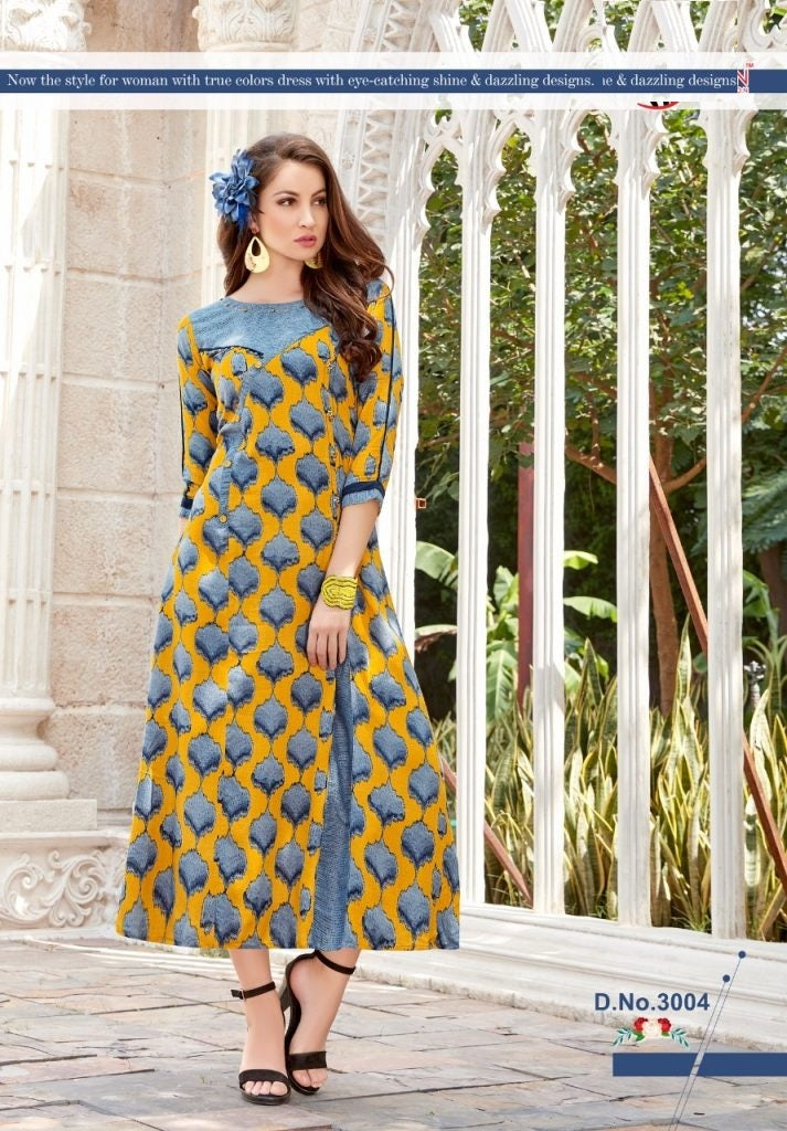 Yellow and Blue Printed  A-line Rayon Kurti