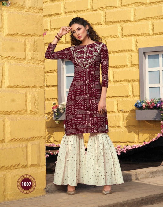 Maroon Designer Embroidery Kurti with Off White Sharara