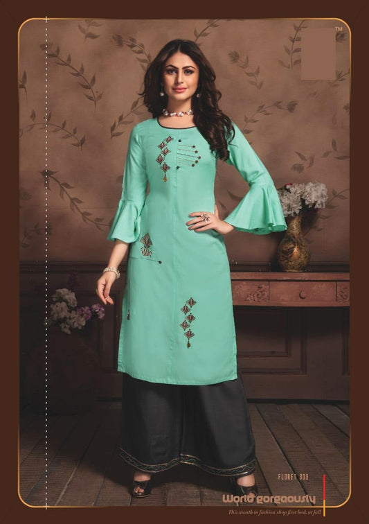 Light Blue Heavy Rayon Embroidery Work Kurti & Rayon Black Palazzo