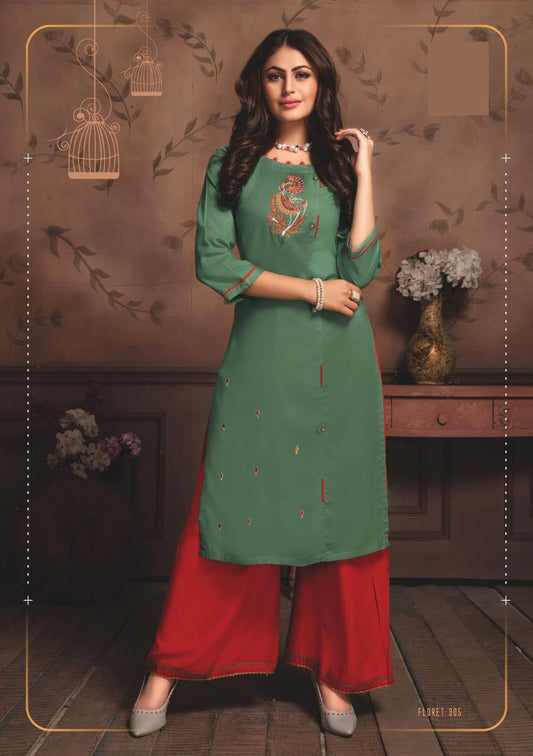 Green Heavy Rayon Embroidery Work Kurti & Rayon Red Palazzo