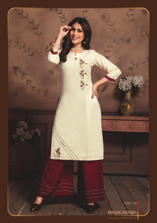 Off White Heavy Rayon Embroidery Work Kurti &amp; Rayon Maroon Palazzo