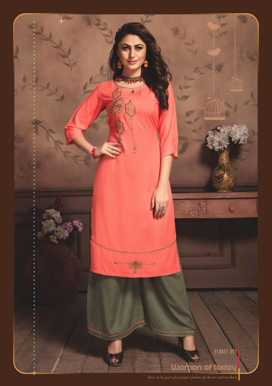 Pink Heavy Rayon Embroidery Work Kurti & Rayon Grey Palazzo