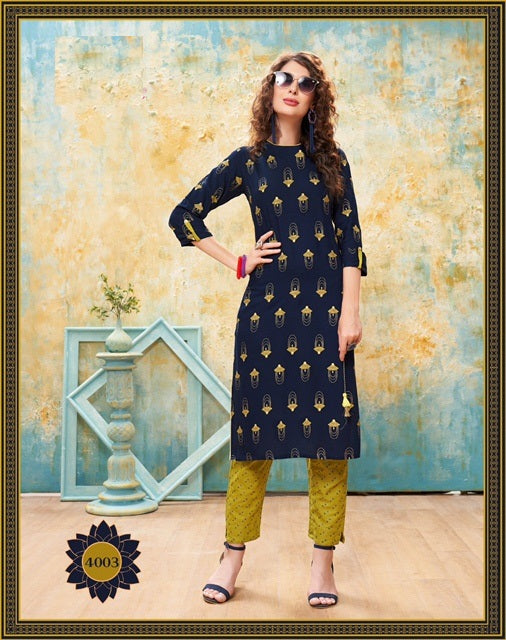 Navy Blue Casual Wear Embroidery Kurti With Yellow Pant
