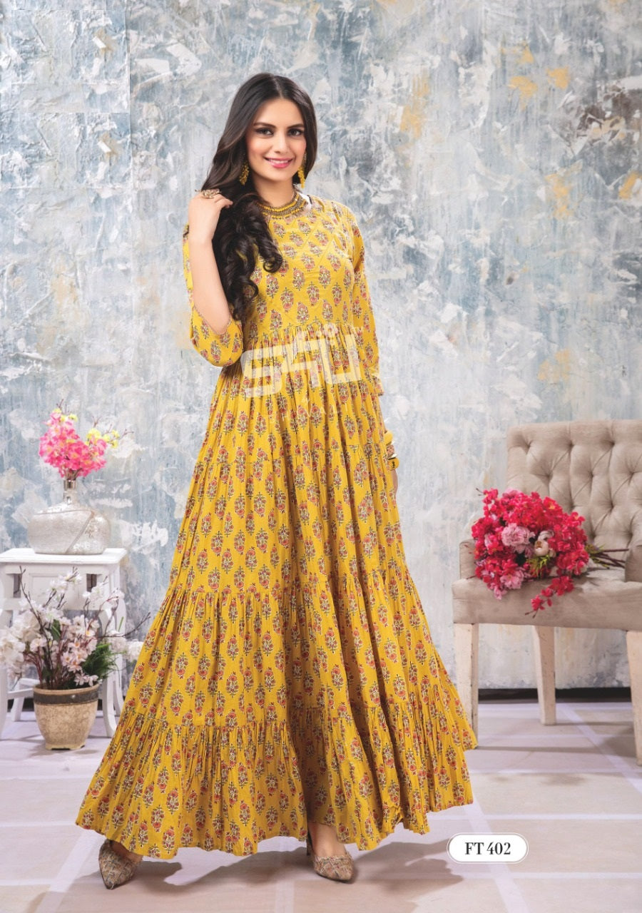 Yellow Full Length Flaired Kurti with Handwork